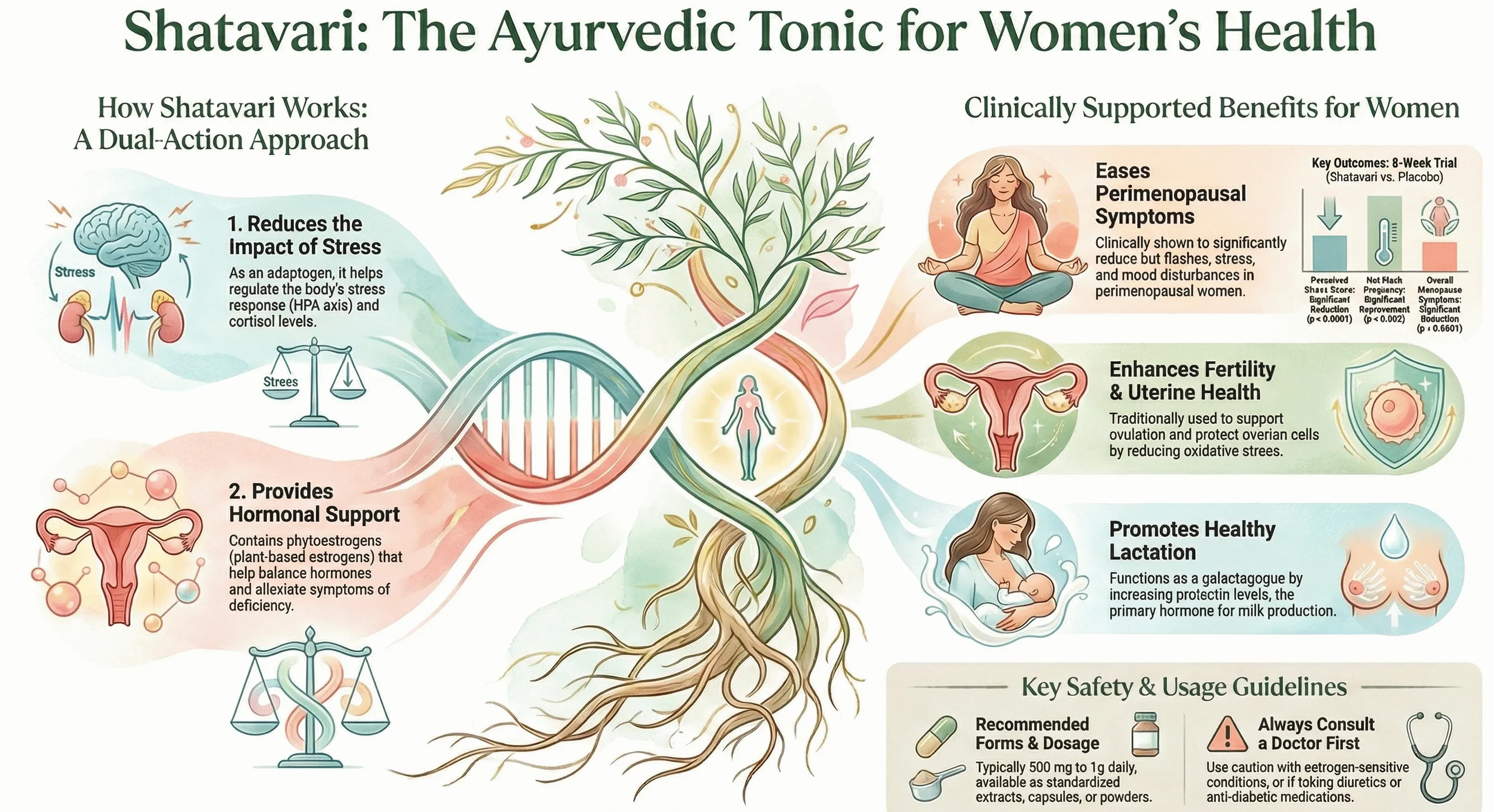 Shatavari root powder and capsules arranged for hormone balance support