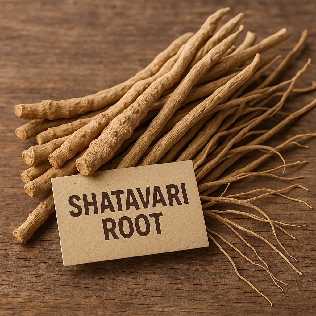 Shatavari roots displayed with powder illustrating natural sourcing