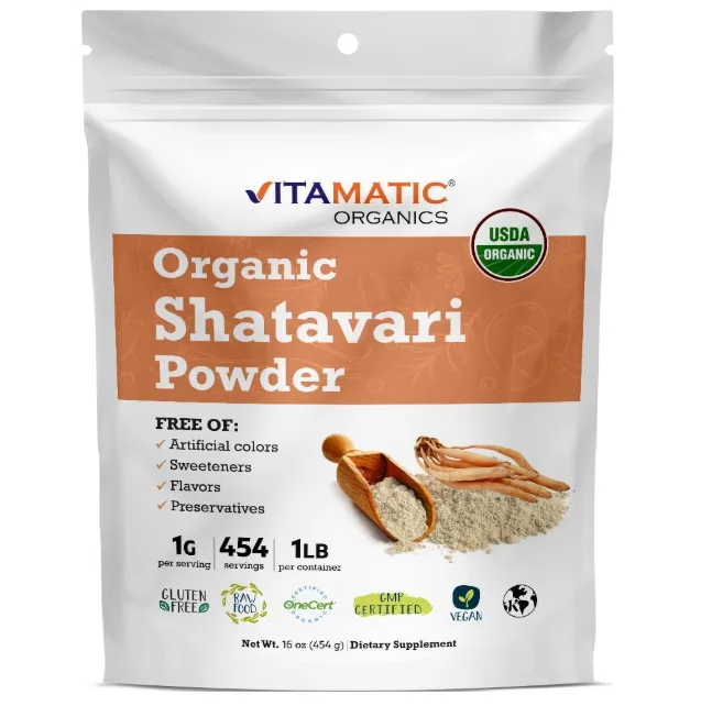 Premium Shatavari root powder in a glass jar with wooden scoop on light background